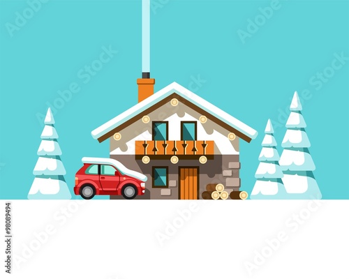 Winter landscape with house. Vector illustration.