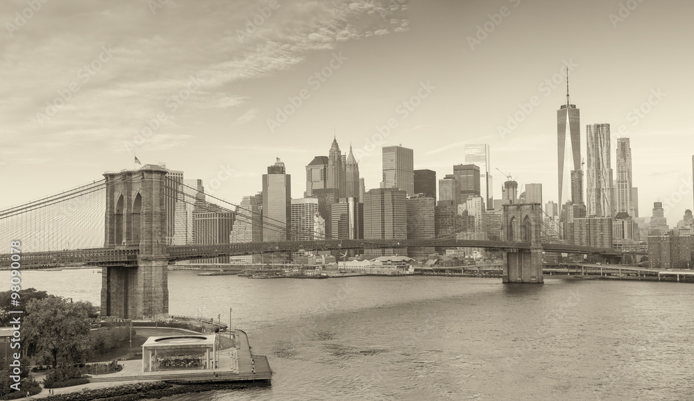 Black and white panoramic view of Downtown Manhattan, New York