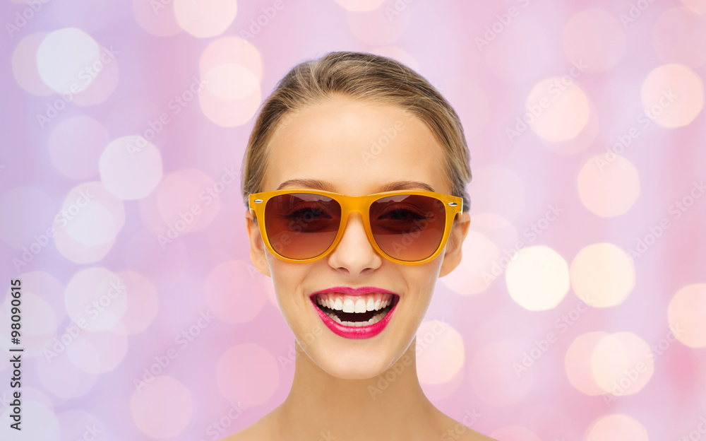 happy young woman in sunglasses with pink lipstick happy young woman in sunglasses with pink lipstick