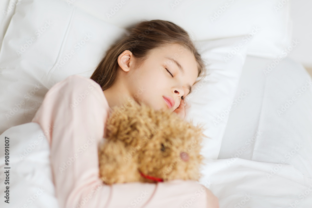 girl sleeping with teddy bear toy in bed at home girl sleeping with teddy bear toy in bed at home