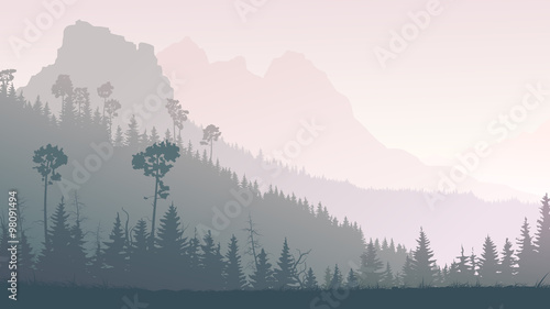 Horizontal illustration of twilight in forest hills.