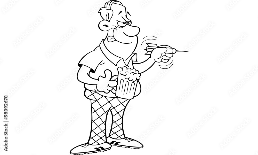 Fototapeta premium Black and white illustration of a man throwing a dart.