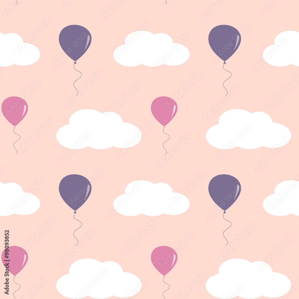 cute lovely balloons in the pink sky with white clouds seamless vector pattern background illustration
