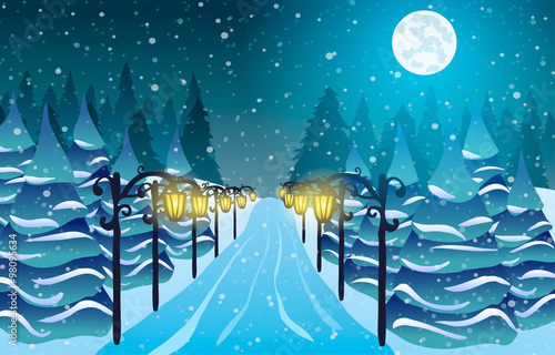 Vector illustration. Snow alley among the lights, Christmas trees and moon.
