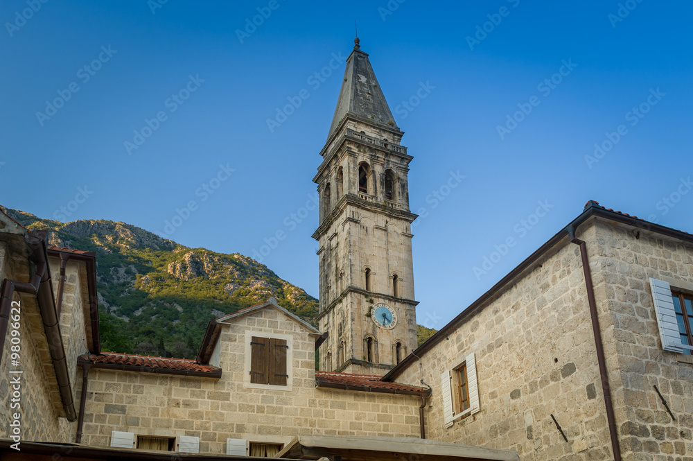 Perast old town clock tower