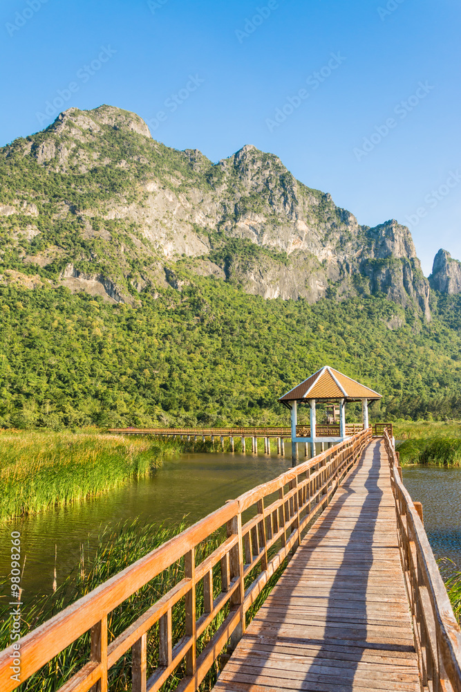 Fototapeta premium Wooden Bridge in lotus lake at Khao Sam Roi Yot