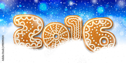 2016 Greeting card template. Vector inscription  the letters in the form of Christmas gingerbread  decorated with decorated white icing