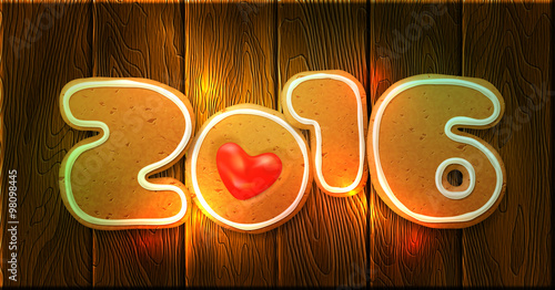 2016 Greeting card template. Vector inscription, the letters in the form of Christmas gingerbread, decorated with decorated white icing