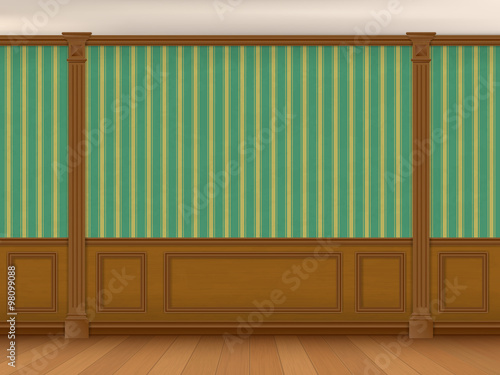 Fragment of the interior cabinet in a classic style. Wall with green striped wallpaper, wood paneling and pilasters.
