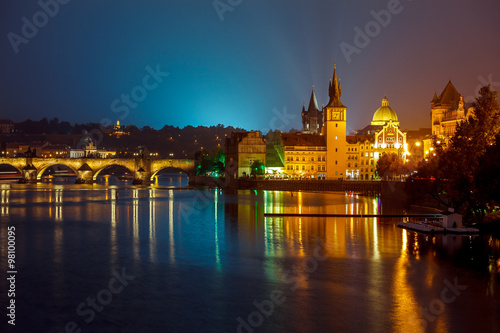 Evening over river Vltava near Charles bridge in Prague, Czech © Yasonya