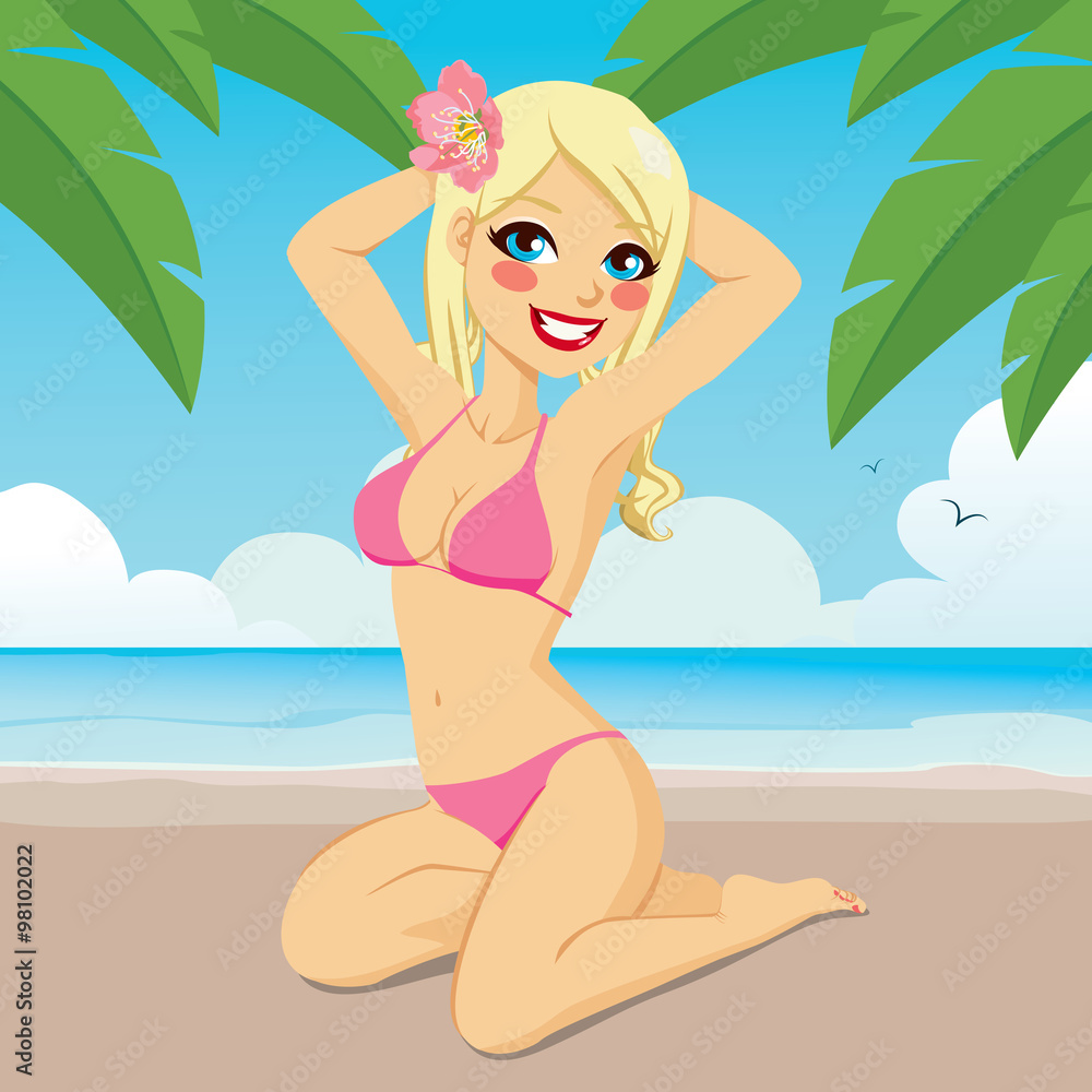 Attractive blonde woman sitting with pin-up pose relaxing on beach sand