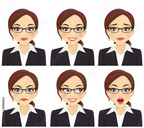 Business woman with different facial expressions set 