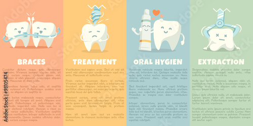Oral hygiene banners with cute tooth. Vector illustration.