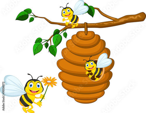 Bees cartoon holding flower and a beehive