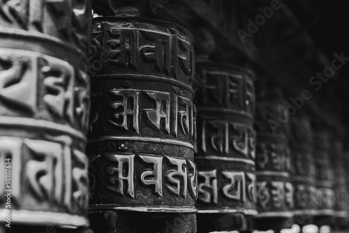 prayer wheels at Swayambhunath, Nepal, monochrome