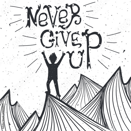 Vector illustration with man silhouette standing on the top of mountain. Concept of active life