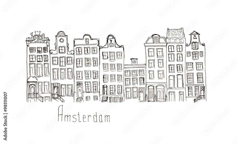 Sketch Netherlands Amsterdam houses isolated lettering