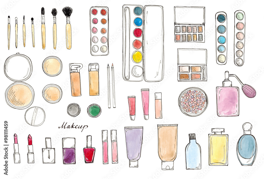 Watercolor Hand drawn sketch big set of makeup isolated on white with lettering Watercolor Hand drawn sketch big set of makeup isolated on white with lettering