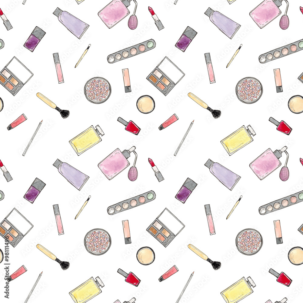 Watercolor Hand drawn sketch seamless pattern of makeup accessories on white