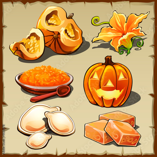 Set of pumpkin, cereals, seeds and other food