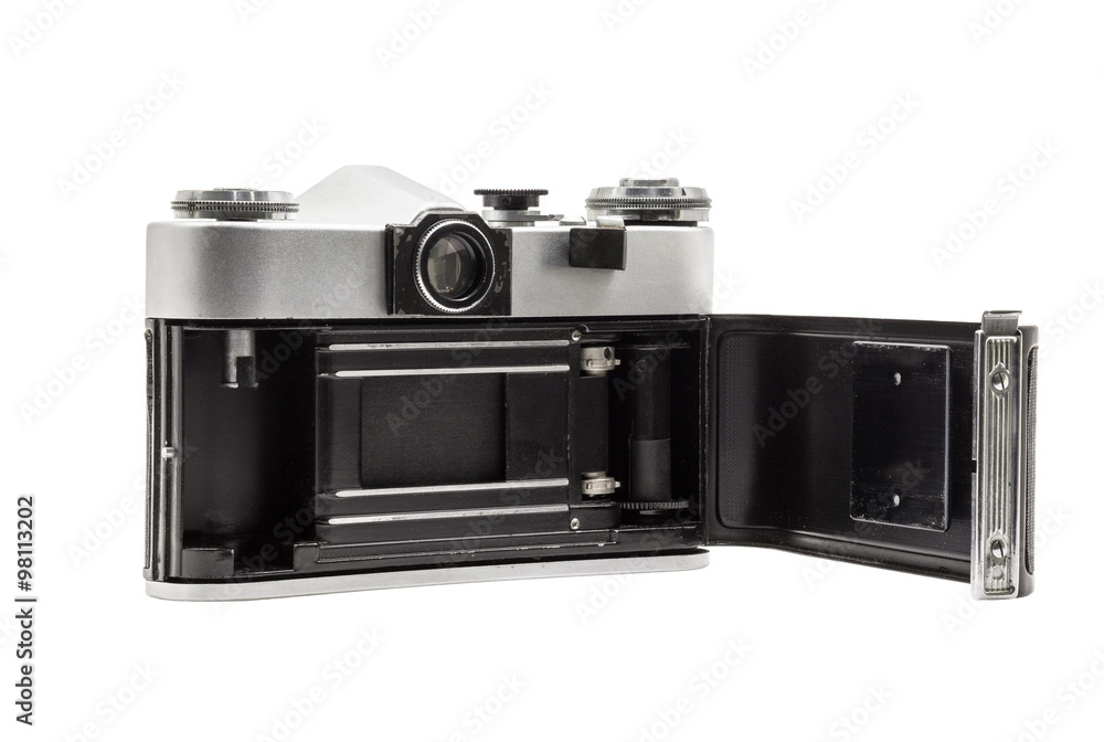 Retro soviet film camera isolated on white background. Soviet reflex camera. Opened back side