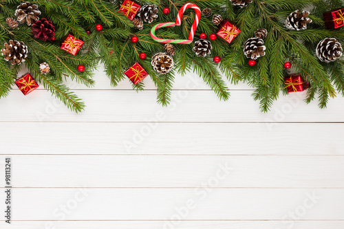 Christmas background. Christmas tree, decoration, gifts, heart. Copy space