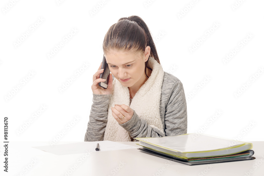 Young elegant woman talking on phone isolated on the white backg Young elegant woman talking on phone isolated on the white backg