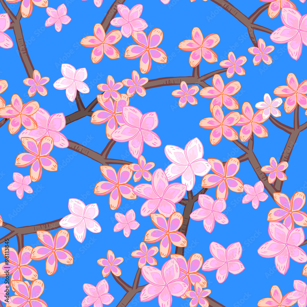 Obraz premium Floral seamless pattern with branches and red flowers on blue background.