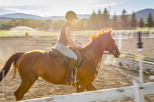 Woman Riding a Horse in Sunny Outdoor Ring