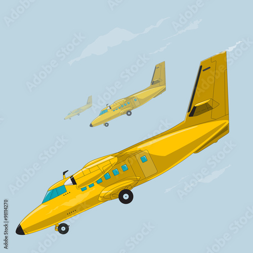 Nice yellow three airplane on sky, flying golden plane - flatten isolated illustration master vector