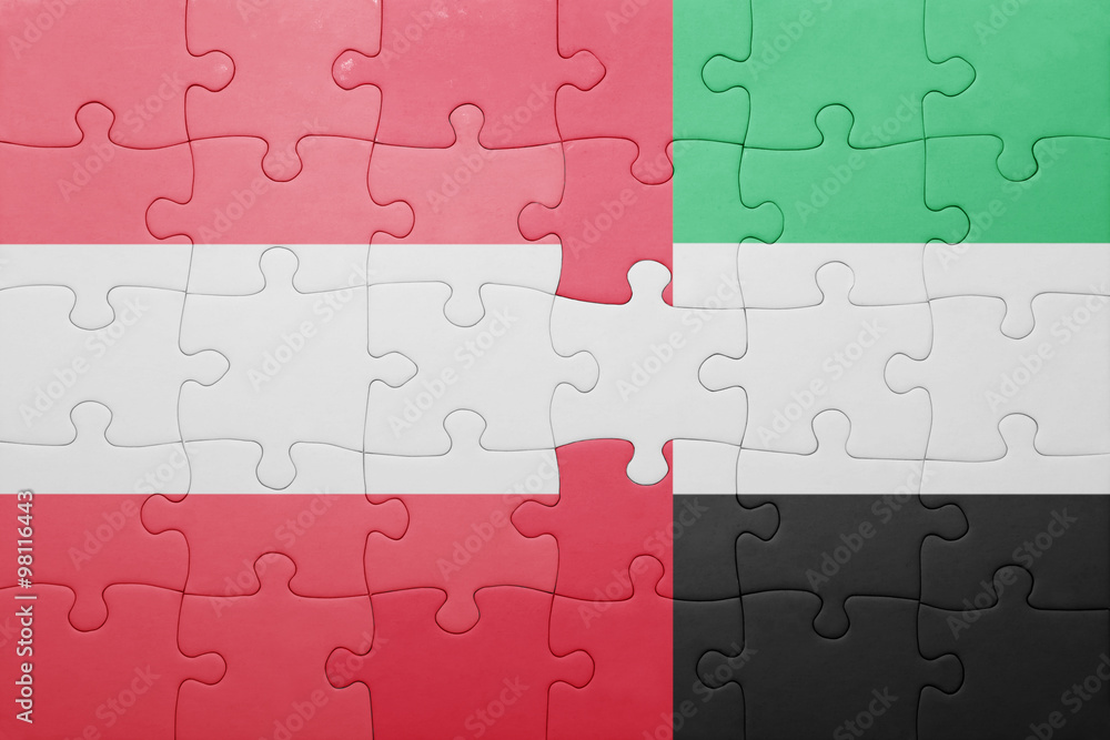 puzzle with the national flag of united arab emirates and austria puzzle with the national flag of united arab emirates and austria
