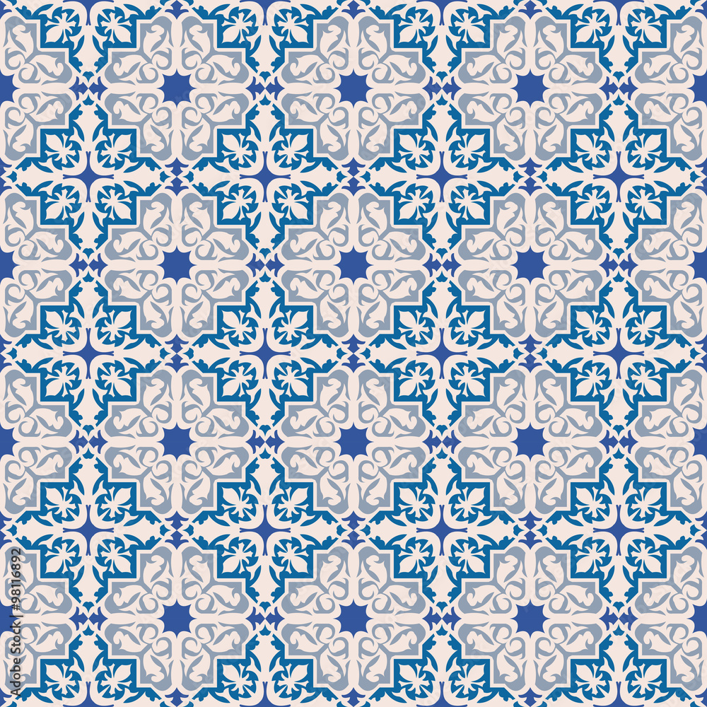Seamless background image of vintage blue star geometry kaleidoscope pattern.
