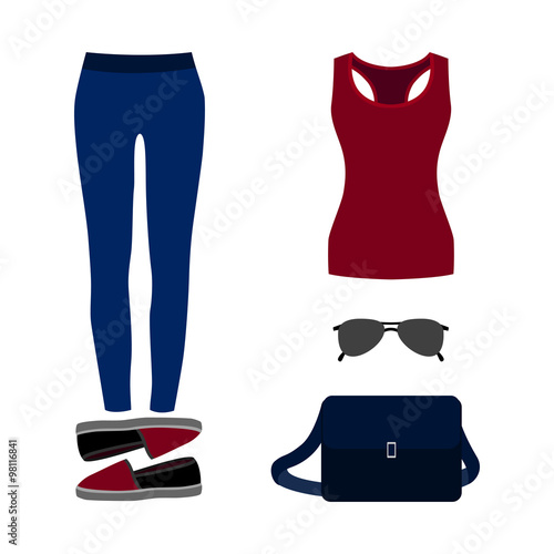 Set of trendy women's clothes. Outfit of woman jeans, tank top and accessories. Women's wardrobe. Vector illustration