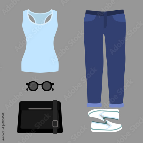 Set of trendy women's clothes. Outfit of woman jeans, tank top and accessories. Women's wardrobe. Vector illustration