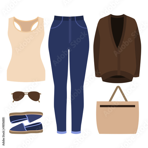 Set of trendy women's clothes. Outfit of woman jeans, cardigan, tank top and accessories. Women's wardrobe. Vector illustration