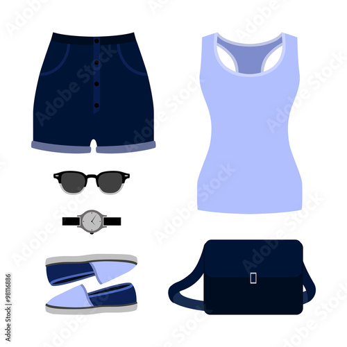 Set of trendy women's clothes. Outfit of woman shorts, tank top and accessories. Women's wardrobe. Vector illustration