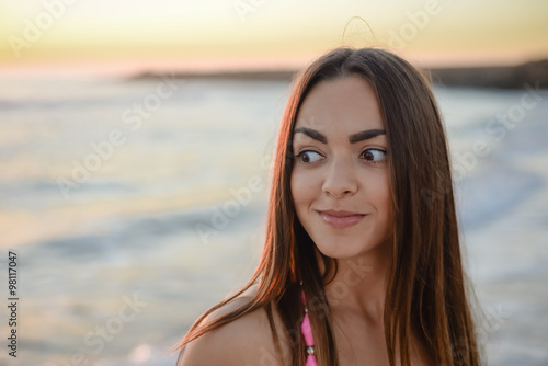portrait of happy girl on beach, summer photo