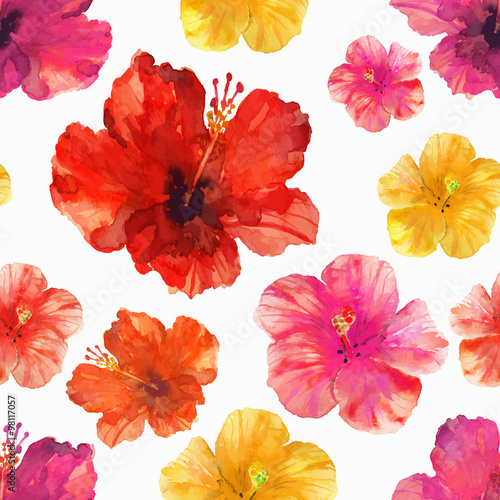 Seamless floral pattern with tropical flowers drawn watercolor.