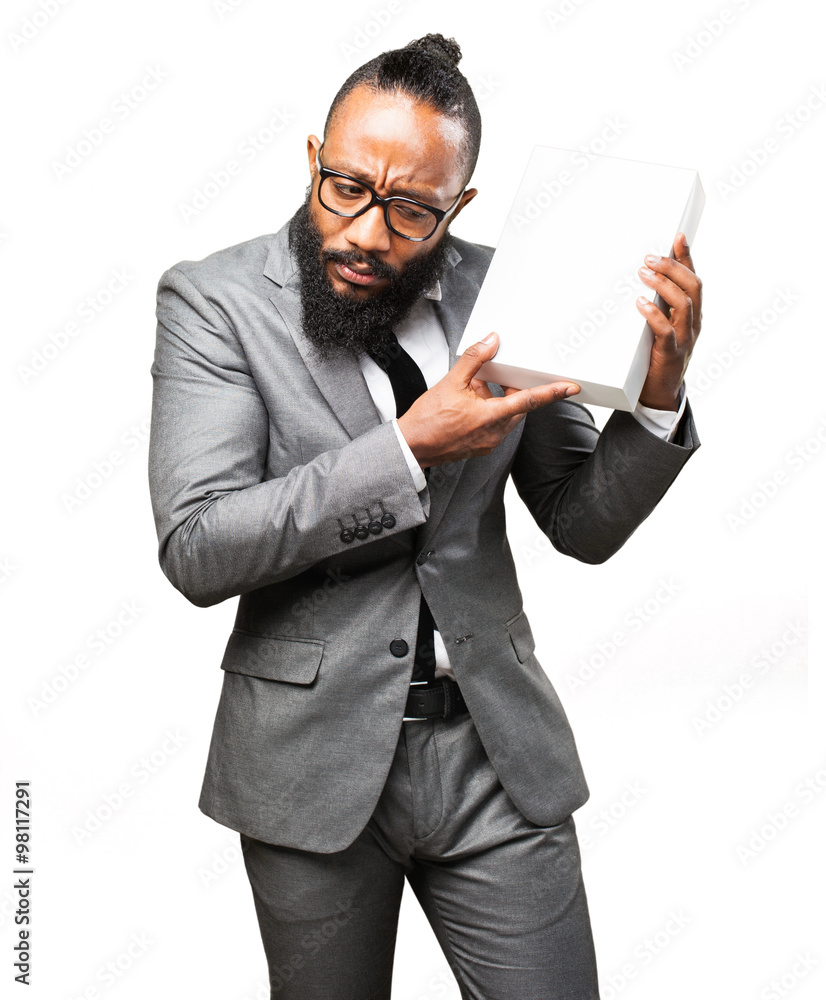 business black man holding a white box business black man holding a white box