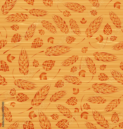 Vector seamless pattern with hops and malt on a wooden texture