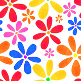 Seamless texture with red, yellow, blue flowers drawn watercolor
