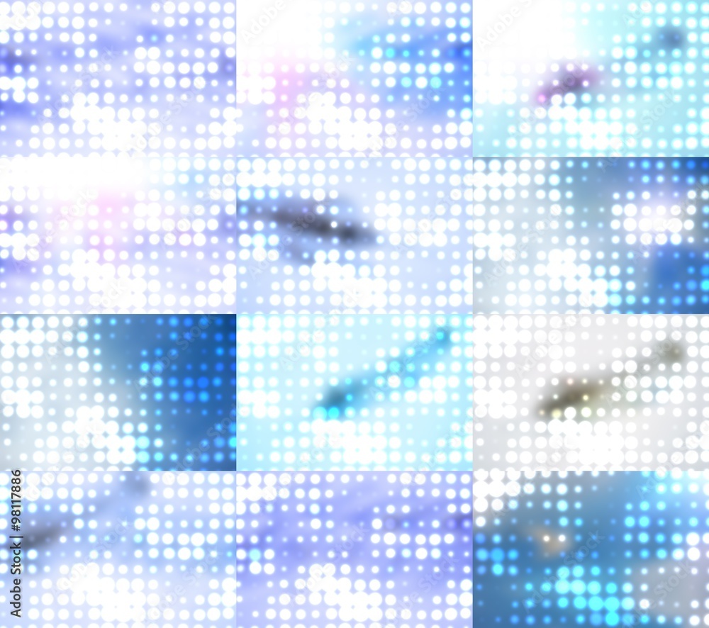 Blurred spots and colorful dots in blue color out of focus background, collection of images. Abstract halftone dots.Light dots on blue background, raster illustration