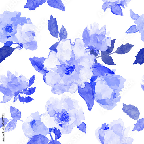 Floral seamless pattern with blue flowers drawn watercolor.