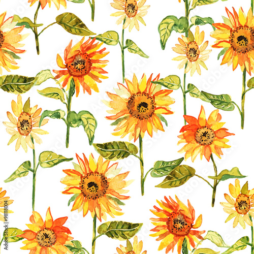 Floral seamless pattern with sunflowers drawn watercolor.