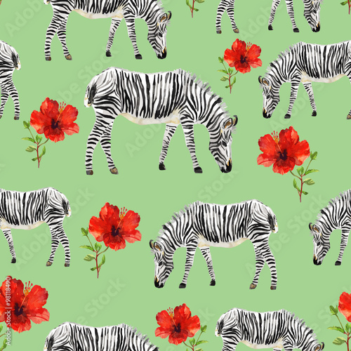 Seamless texture with zebra and red flowers drawn watercolor on green background