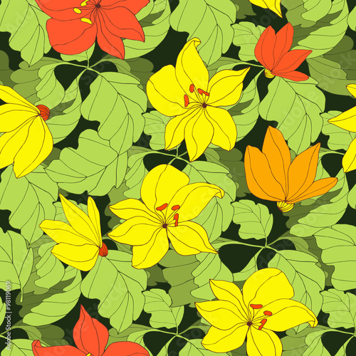 Floral seamless pattern with red and yellow flowers on black background © ZUBKOVA IULIIA