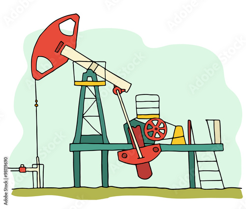 Cartoon sketch field  pumpjack. Colored oil well illustration. 
Hand drawn vector with oil equipment isolated on white.