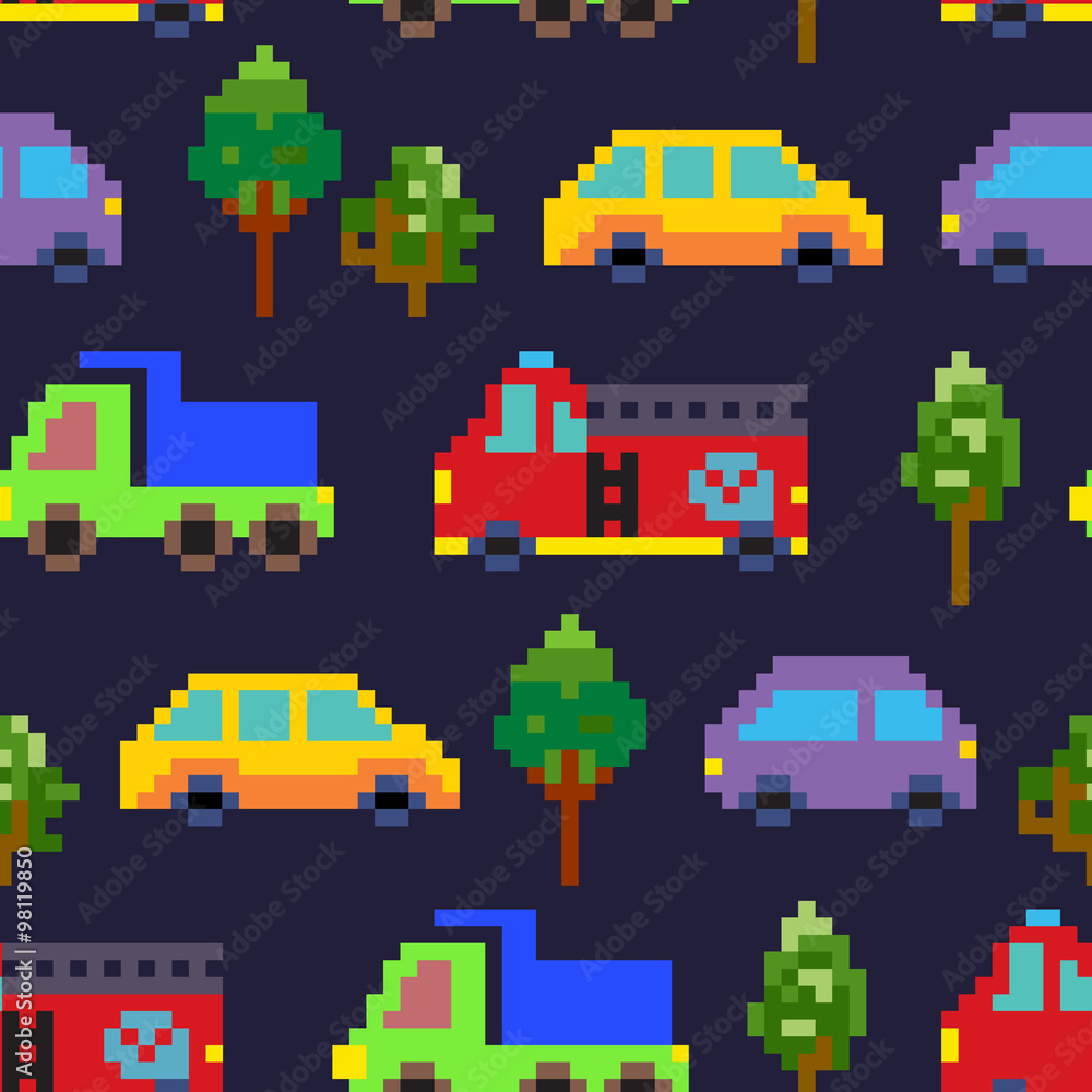 Seamless pixel art  texture with moving cars on the road in the trees