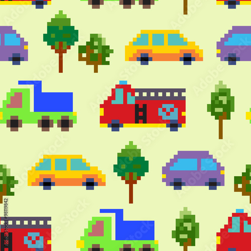 Seamless pixel art texture with moving cars on the road in the trees