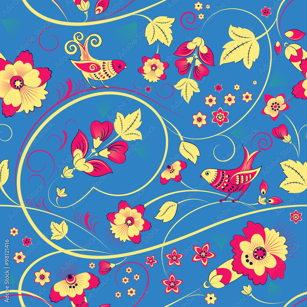 Floral seamless pattern with birds on blue